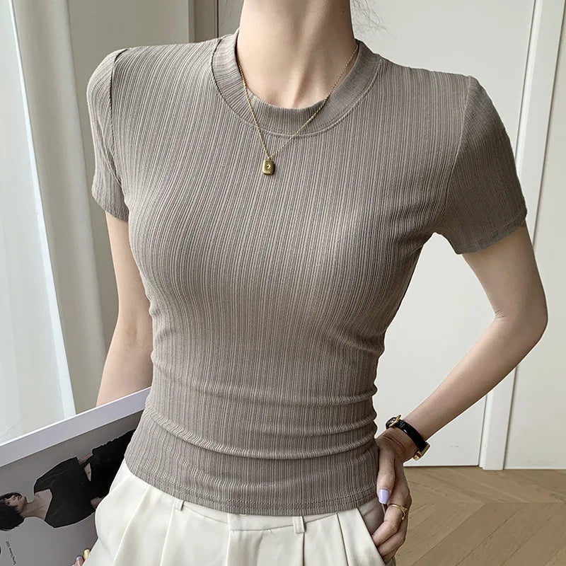 Summer New Women's Crewneck T-shirt Knitted Short-sleeved Top Casual All-match T-shirt Striped Base Shirt Slim-fit Breathable