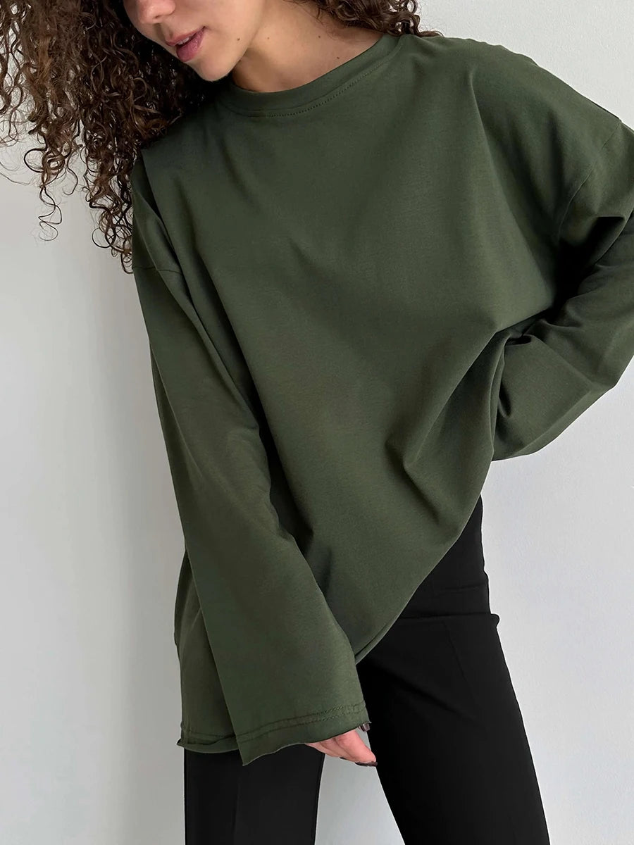 Blubelle Women Autumn 100% Cotton T-shirt Bottoming Spring Basic Fashionable Solid Lady Long Sleeve Loose Tops Shirts
