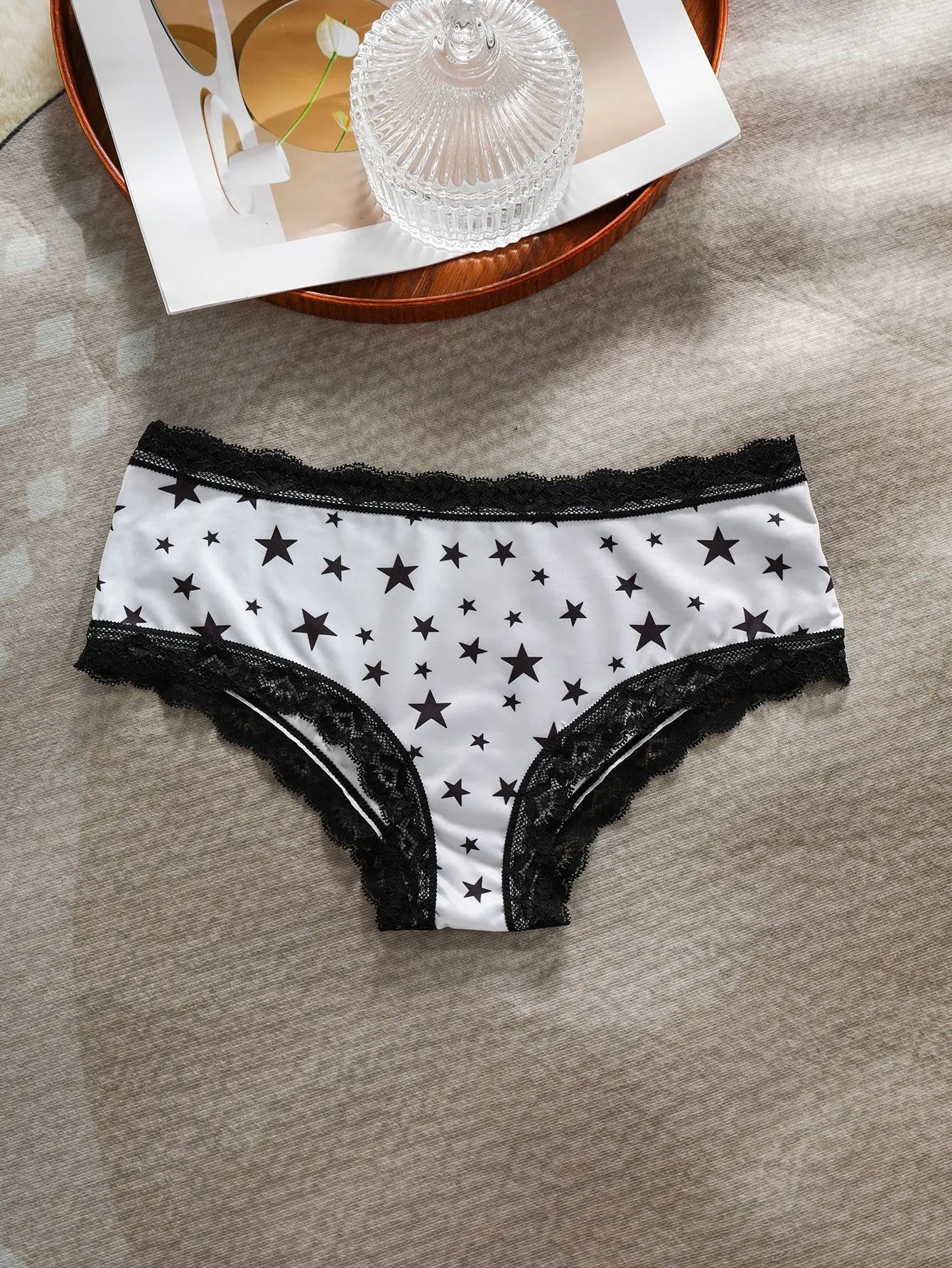 Halloween Skull star printed women's panties, lace patchwork mid-waist, ice silk, seamless and breathable