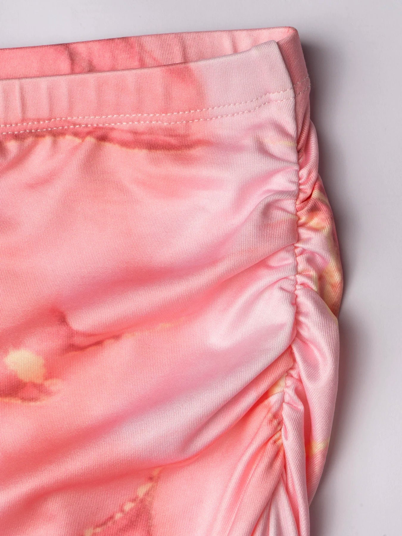 Women OneShoulder Sleeveless PinkMarble Print Ruched Crop Midi 2Piece Skirt Set Glam Vacay Summer DateNight Party Stretchy