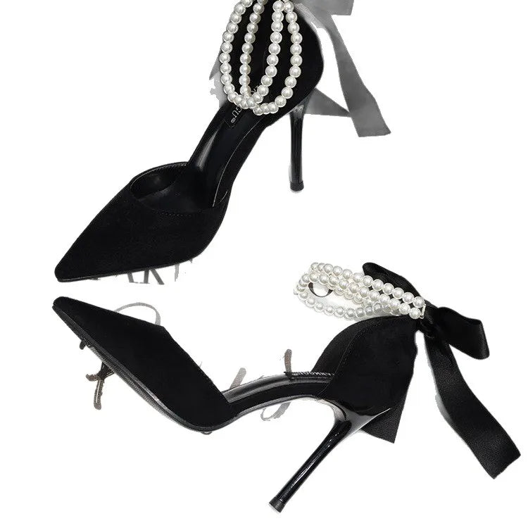 2026 Black Women's Pumps Summer New Brand Design String Bead Pearls Wedding Bridal High Heels Sexy Pointed Toe Party Dance Shoes