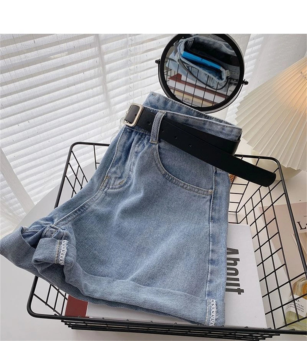 High Waist Wide Leg Short Jeans Women's Summer Loose Pocket Korean Style A-Line Casual Hot Pants Blue Denim Shorts Streetwear