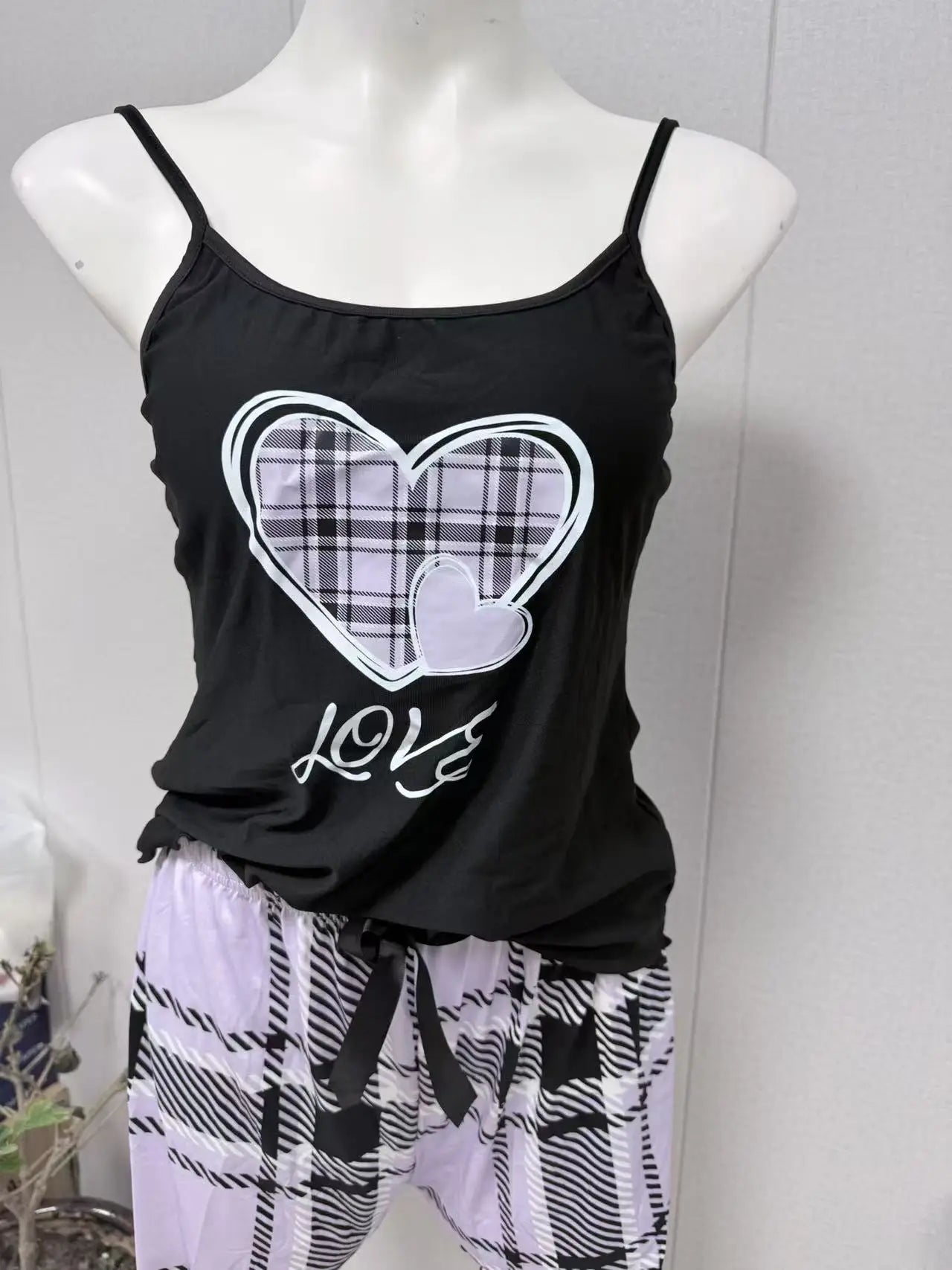 Sexy Nightwear Women's Suspenders Top Plaid Pants Fashion Sleepwear Homewear Two-Piece Set Ladies Pajamas Love Print Loungewear