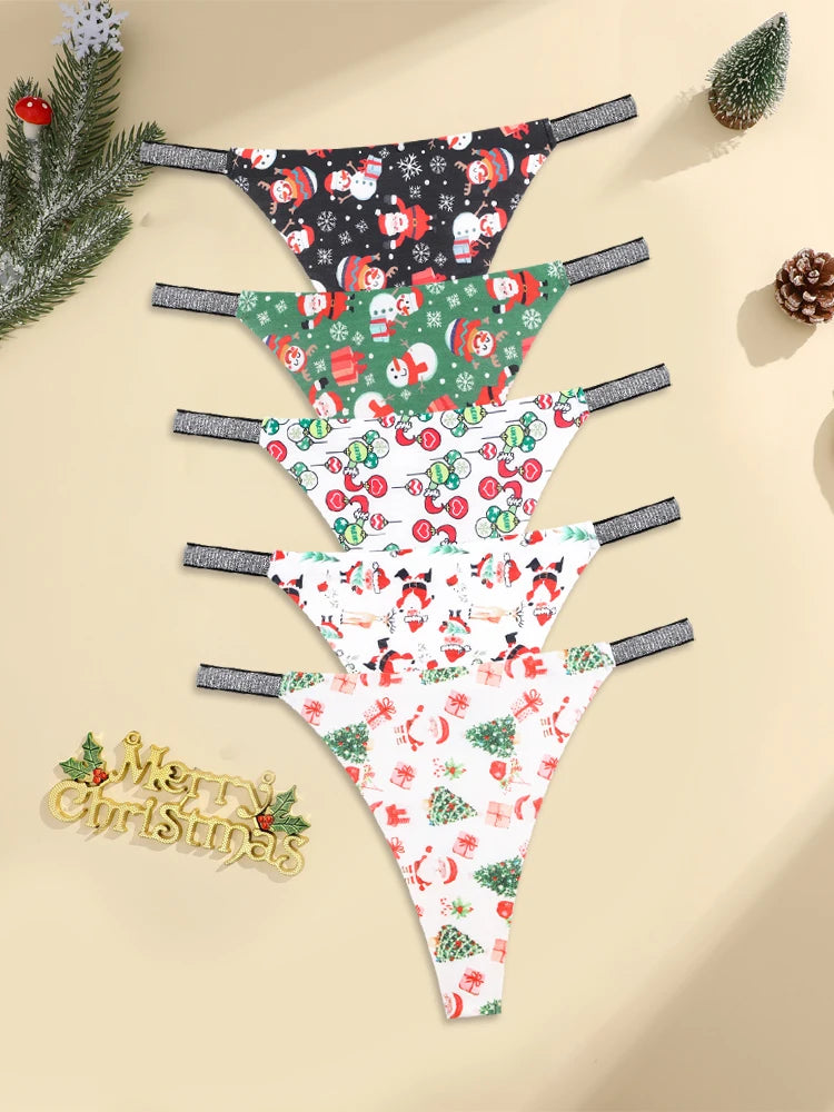 5PCS/Lot Seamless Ice Silk Thongs Women's Christmas Theme Underwear Sexy Rhinestone Waist Panties Santa Claus Printed Lingerie
