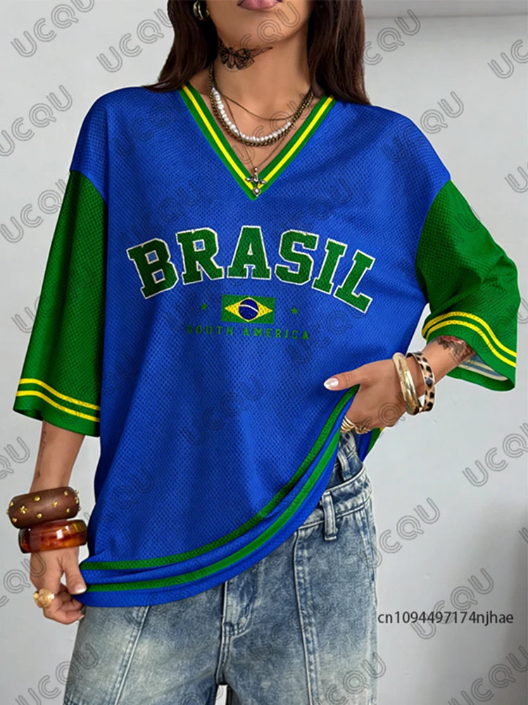 Summer New Brazil Print T Shirt For Women V-Neck Patchwork Short Sleeve Sports Football Jersey Y2K Loose Oversized Vintage Tops