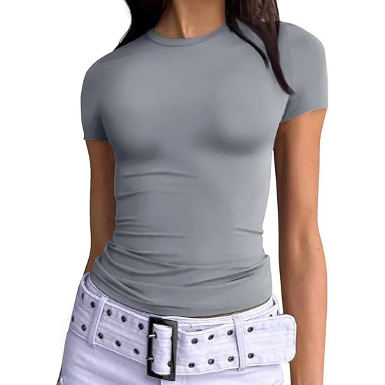1pcs Women's Sport T-shirt Girl Solid Basic Fitness Running Yoga Tees Lady Short Sleeve Slim Sexy Round Neck Casual Shirts Tops