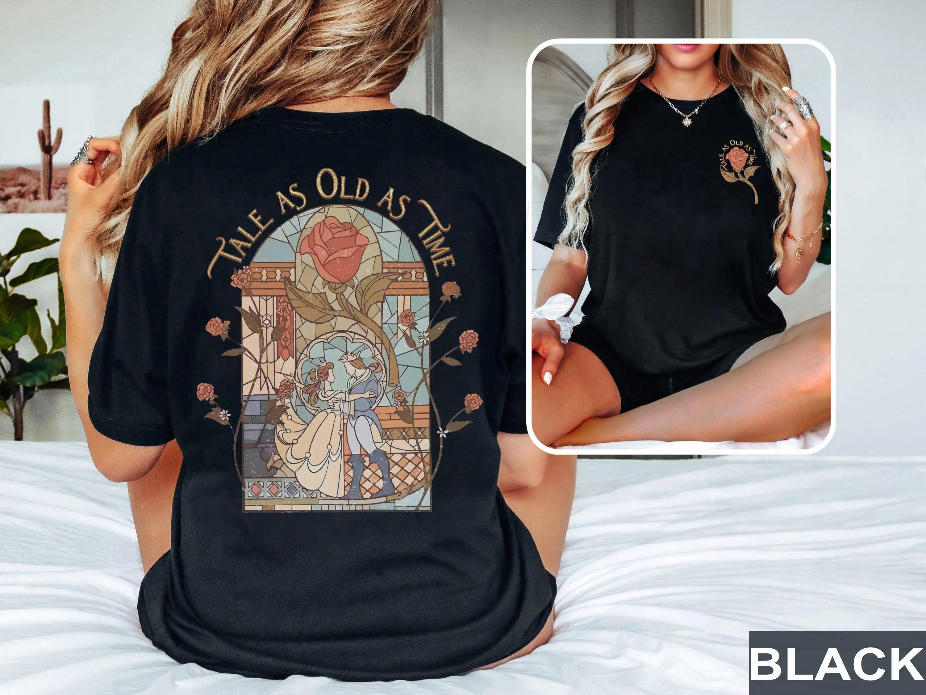 Women‘s Retro Disney Beauty and The Beast T-Shirt Vintage Cotton Short Sleeve Unisex Streetwear Oversized Loose Casual Stylish
