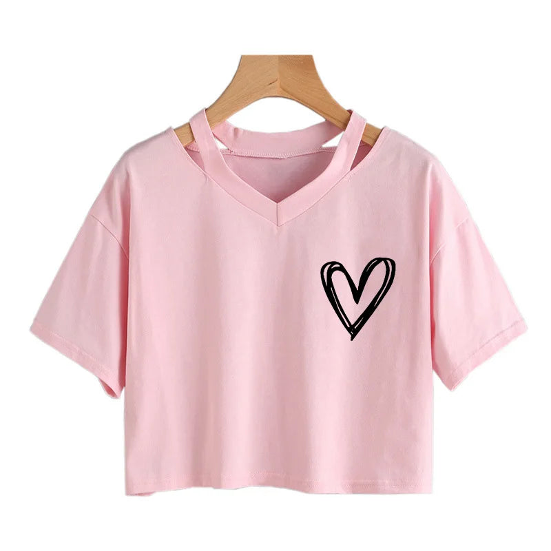 Women's Sexy Crop Tops with Heart Print Short Sleeve Cropped T Shirt Drawstring Graphic Tshirt Fashion T-shirt Clothes