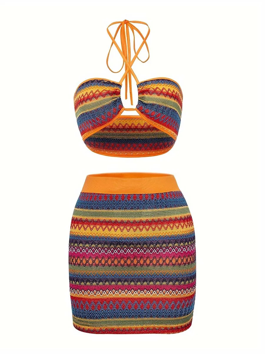 Vacation Tribal Knit Slim Skirt Set Crop Keyhole Halter Neck Top  High Waist Bodycon Slim Skirt Outfits Women's Clothing