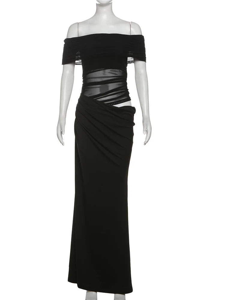 Weird Puss Ruched Irregular Dress Women Mesh Patchwork Slash Neck Short Sleeve Skinny Stretch Trend Elegant Long Bodycon Outfits