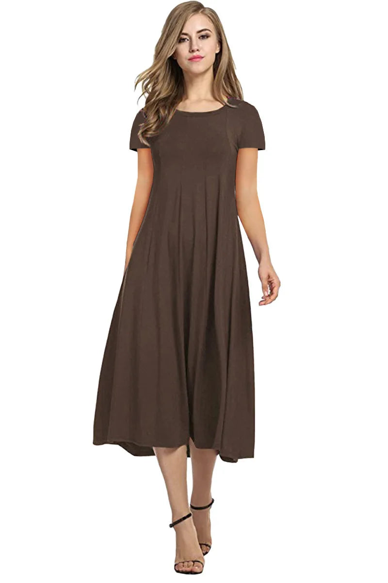 2024 Summer Women's Top Selling Round Neck Short Sleeve Solid Color Flare Dress