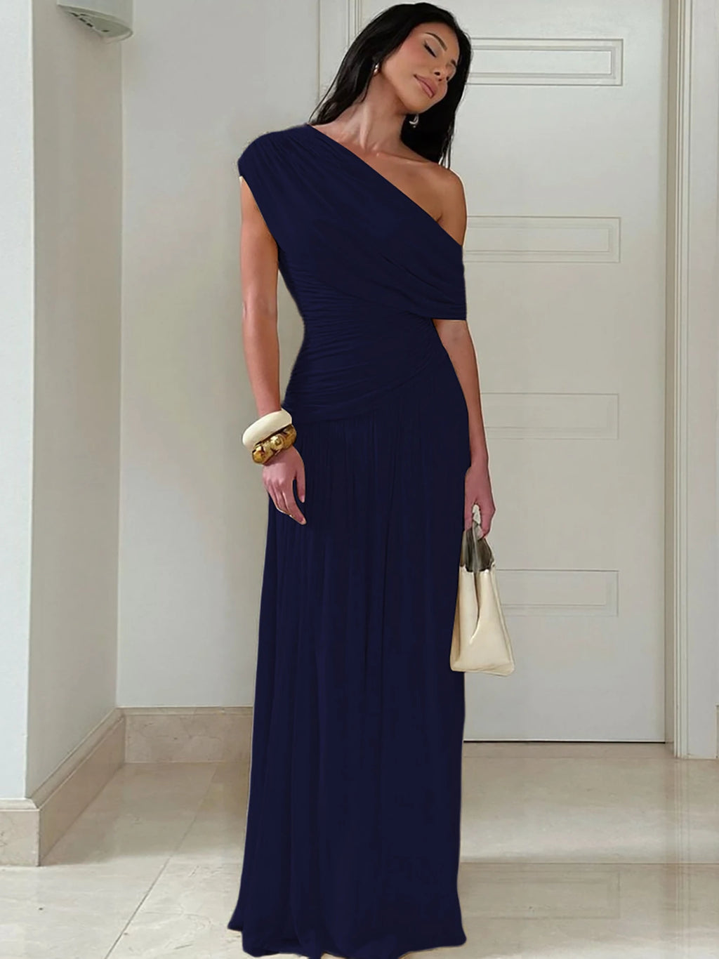 Hugcitar One Shoulder Ruched Sleeveless Solid Pleated Sexy Irregular Y2K Maxi Dress Summer Elegant Party Women Clothes Vacation