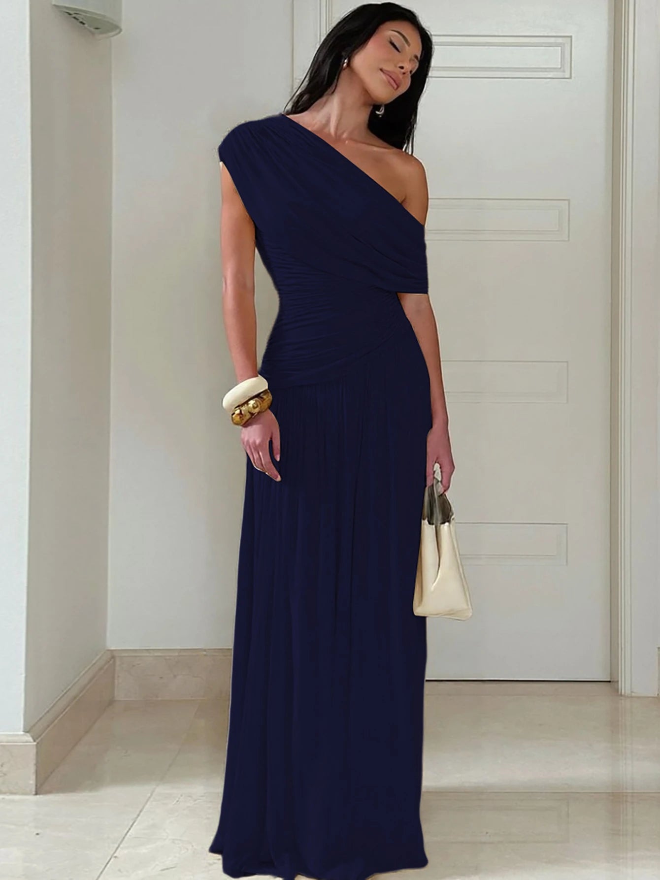 Hugcitar One Shoulder Ruched Sleeveless Solid Pleated Sexy Irregular Y2K Maxi Dress Summer Elegant Party Women Clothes Vacation