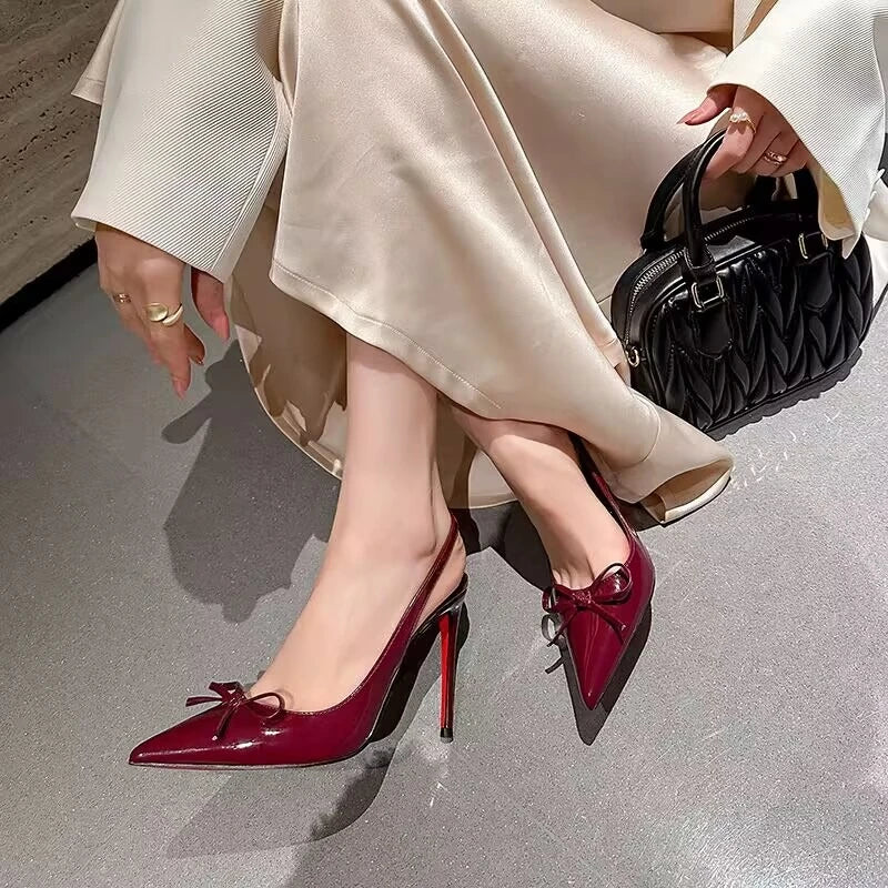 Luxury Patent Leather Women's High Heels 2026 Summer New Style Bow-tie Pointed Toe Sandals Sexy Striptease Party High Heels