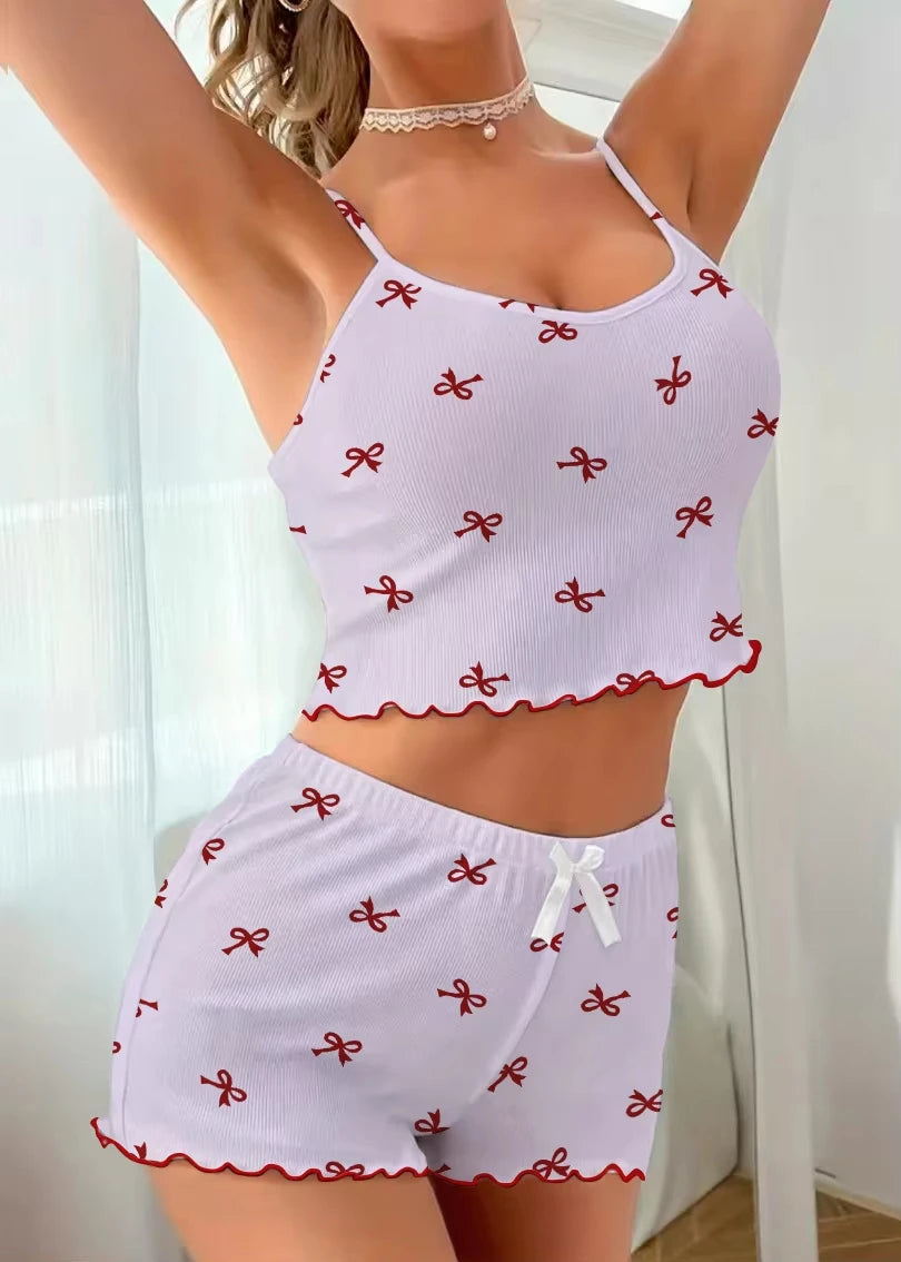New Women's Home Clothes Pajama Bow Printed Pajama Set Strap Top and Shorts Pajama 2-piece Set Casual Sexy Home Clothes Summer