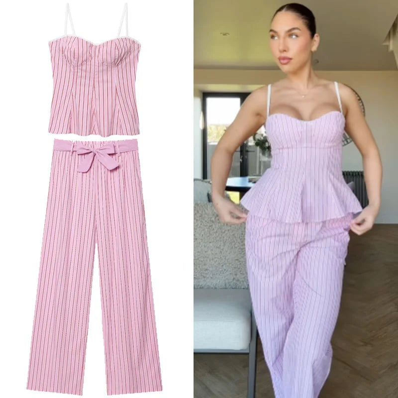 HXAO 2025 Striped Pant Sets Women's Suit Summer Elegant Crop Slip Top Vest 2 Piece Sets Woman Outfit Bow High Waist Trousers Set