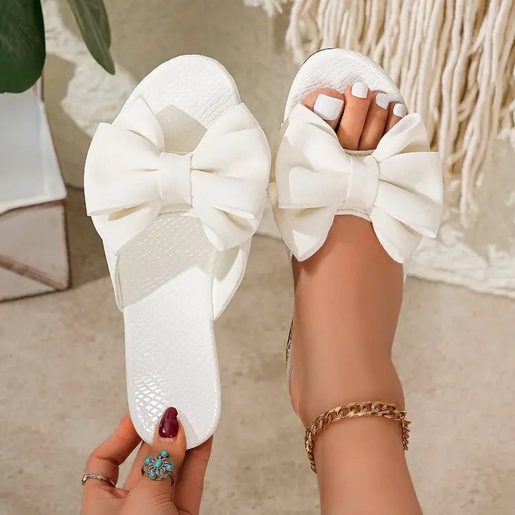 Summer New Round Headed Sexy/Comfortable Flat Casual Slippers Fashionable Elegant Non Slip Bow Tie Thick Heel Beach Slippers