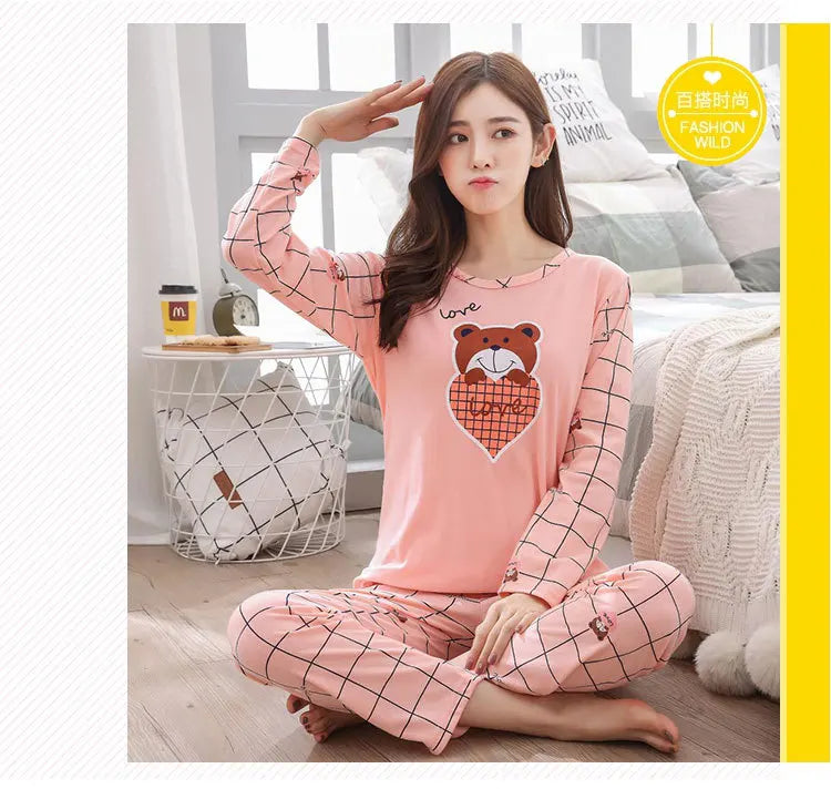 Long-Sleeved Pyjamas 2024 New Ladies Cartoon Cute Peach Heart Long-Sleeved Trousers Homewear Clothing Can Be Worn Outside
