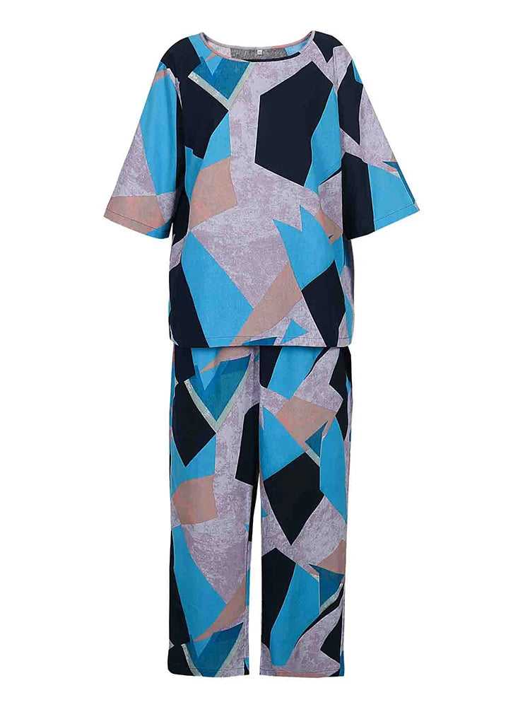 plus Size Women's Summer Cotton Linen Trousers Set with Printed round Neck Five Points Sleeve Top And Bottoms Two-Piece Ensemble
