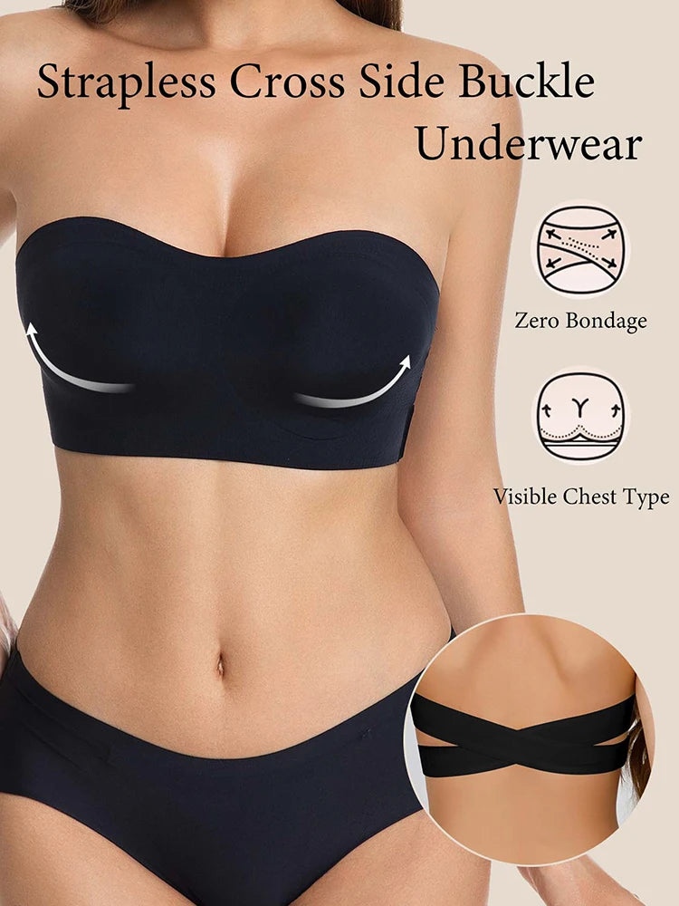 Female Removable Padded Soft Ice Silk Traceless Brasseries Wire Free Side Buckle Bra For Women Invisible Strapless Push Up Bras