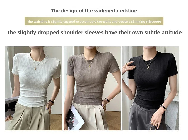 Summer New Women's Crewneck T-shirt Knitted Short-sleeved Top Casual All-match T-shirt Striped Base Shirt Slim-fit Breathable