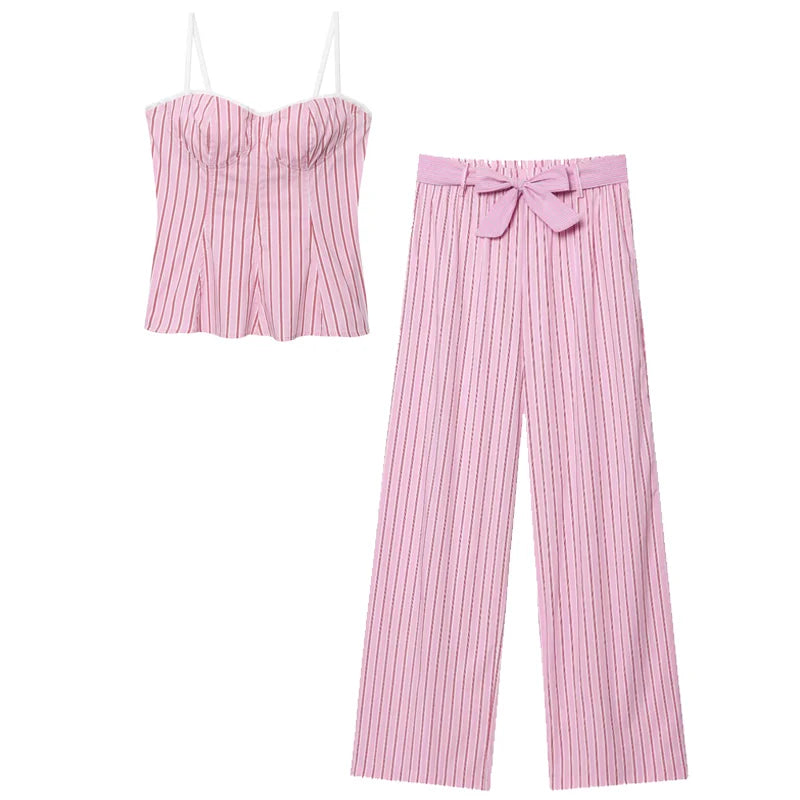 HXAO 2025 Striped Pant Sets Women's Suit Summer Elegant Crop Slip Top Vest 2 Piece Sets Woman Outfit Bow High Waist Trousers Set