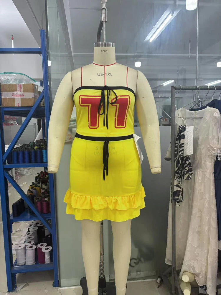 Plus Size 2025 Summer New Spice Girls Letter Bustier Top Lace Up Bowknot Halter Skirt Two Piece Set Trendy Sexy