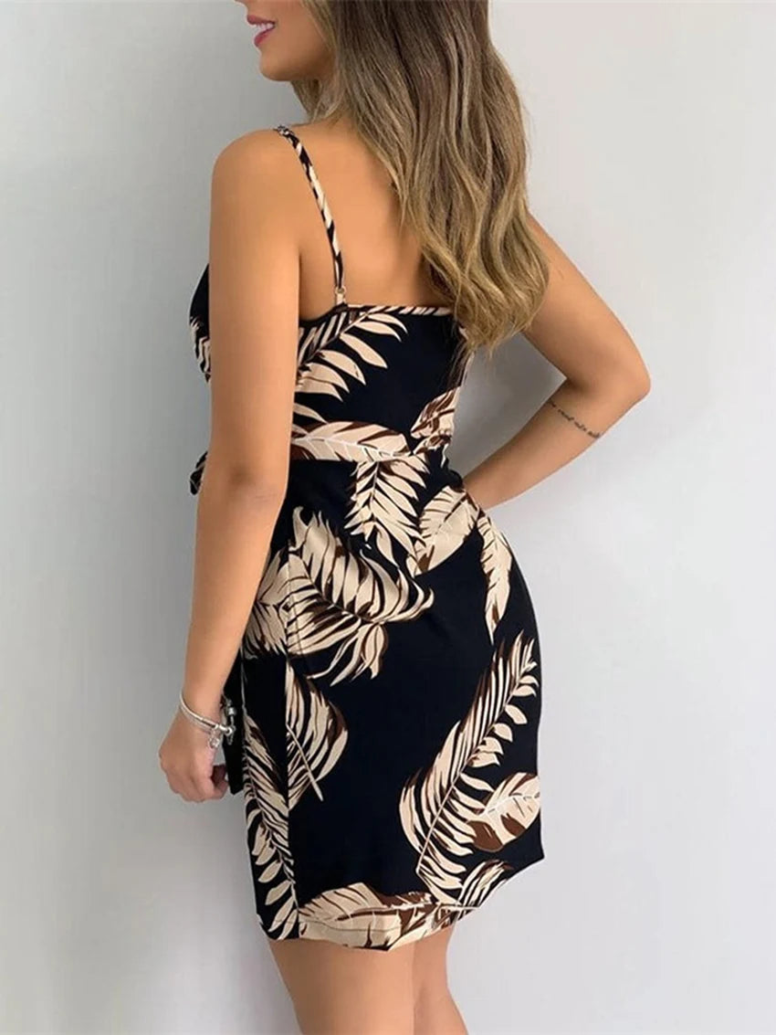 Women's Sexy V-Neck Spaghetti Strap Bodycon Dress, Slim Fit Party Dress with Waist Belt, Summer Cocktail Dress