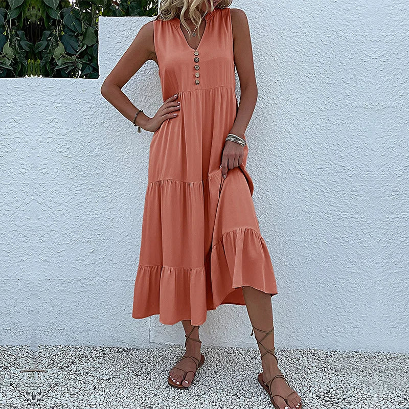 Casual Summer Midi Dress Women Sleeveless Tank V Neck Buttons Ruffle Loose Dresses Beach Soild Sundress Fashion