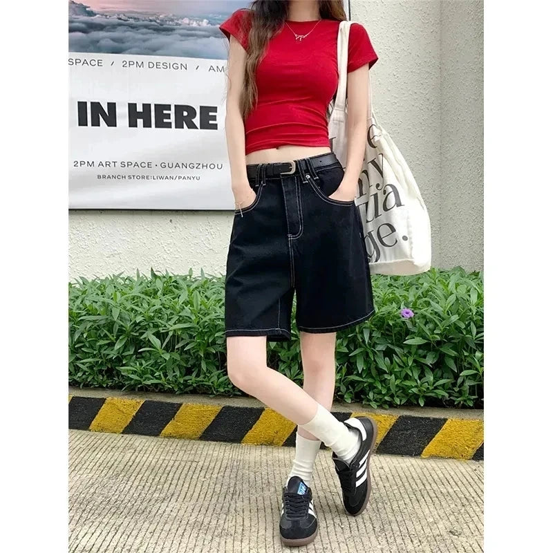 High-Waisted Straight-Leg Jeans Shorts for Women Summer New Style Slimming Black Five-Point Loose Wide-Leg Mid-Length Y2K Shorts