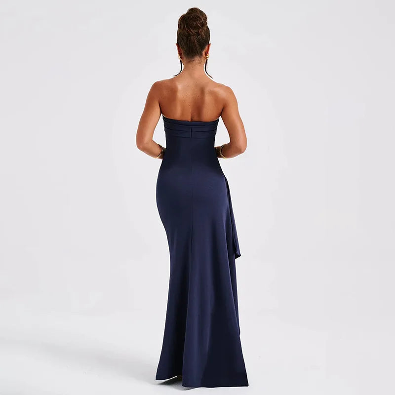 2025 spring new elegant temperament solid color strapless shoulder tight waist high slit little dress dress