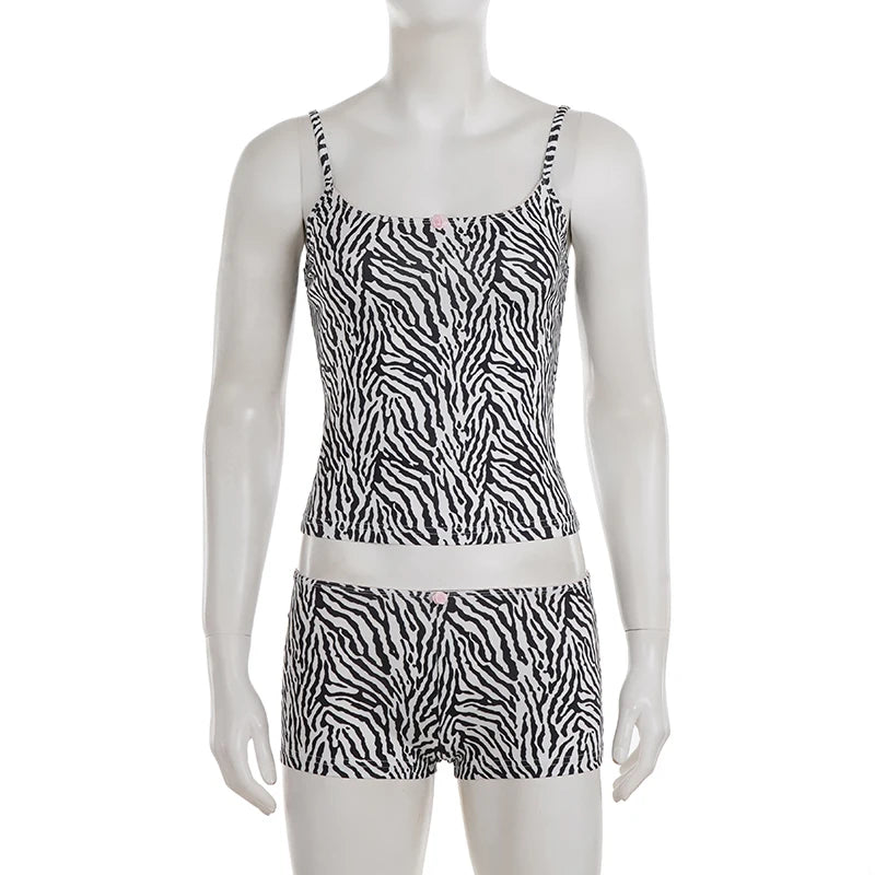 SUCHCUTE Y2k Zebra Print 2 Piece Set Chic U Neck Sleeveless Camis Top+Skinny Shorts Suits Backless Loungewear Women's HomeLounge