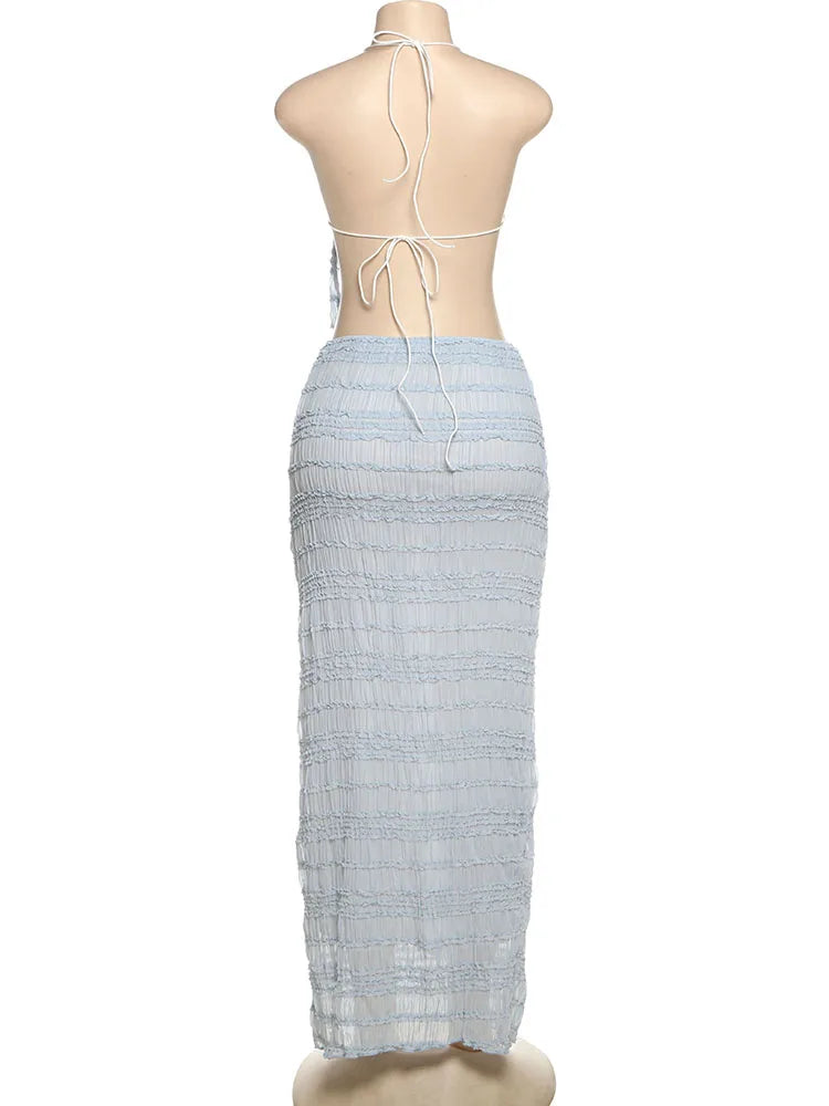 Weird Puss Mesh Backless 2 Piece Set Women Halter Lace-Up See Through Crop Tops+Loose Elegant Long Skirts Vacation Trend Outfits