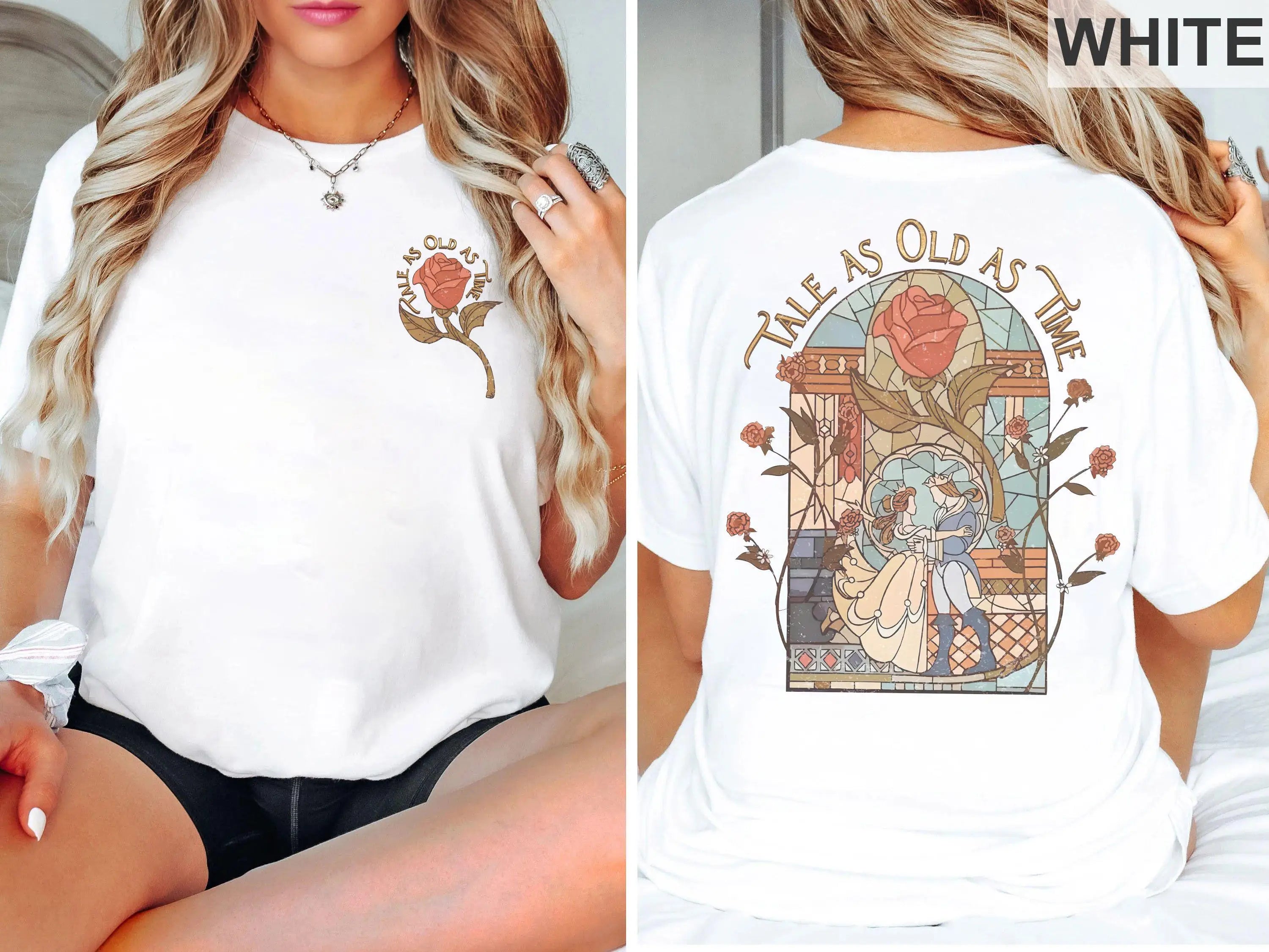 Women‘s Retro Disney Beauty and The Beast T-Shirt Vintage Cotton Short Sleeve Unisex Streetwear Oversized Loose Casual Stylish