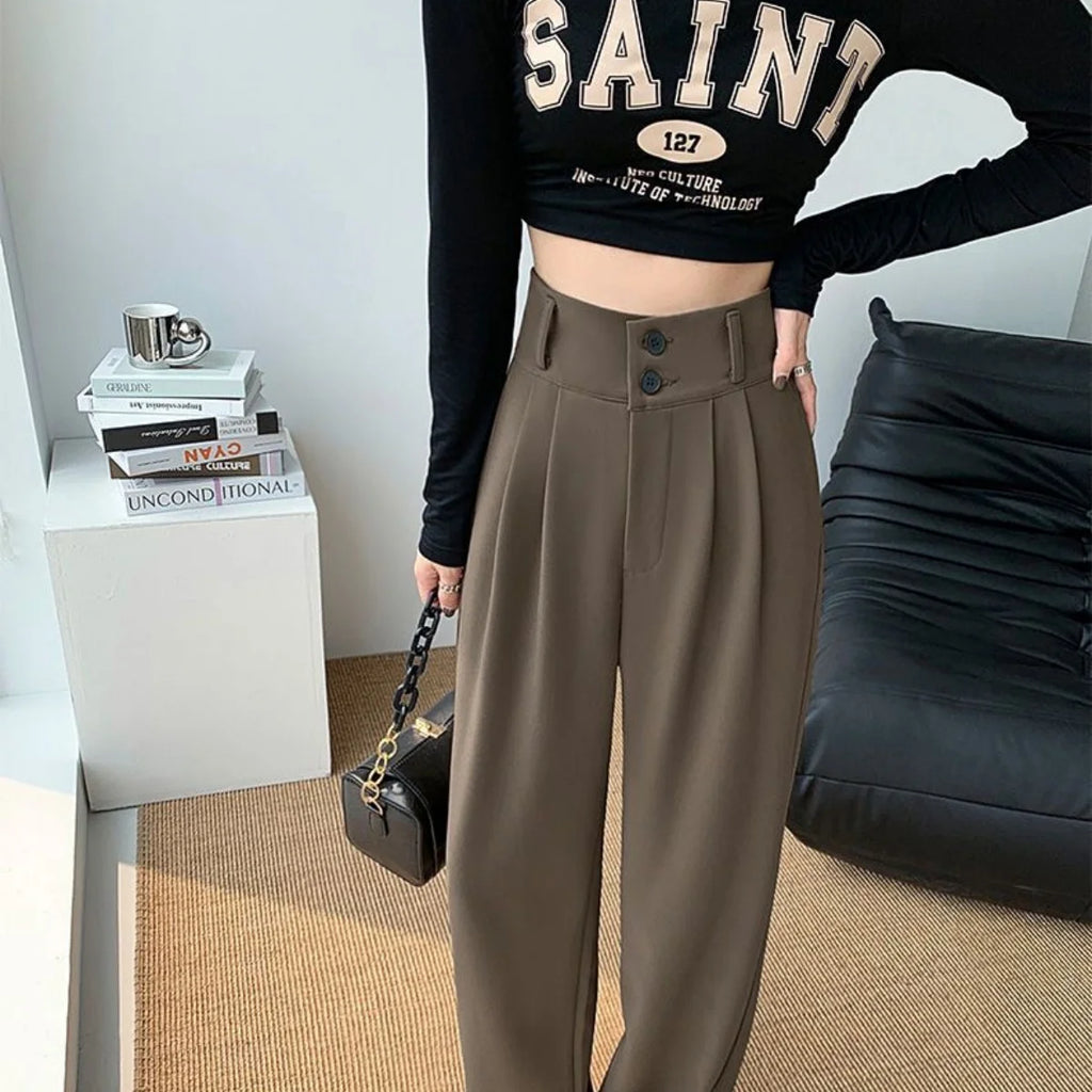 Formal Ladies' Trousers Fashion High Waist Pleated Zipped Button Office Leisure Women's Loose Spring Elegant Straight Suit Pants