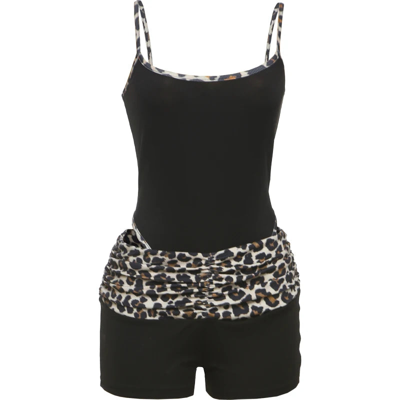 Nibber Sexy Leopard Print Women 2 Piece Set Tracksuit Stretch Sleeveless Bodysuit Tops+Wide Waist Shorts Matching Street Outfits