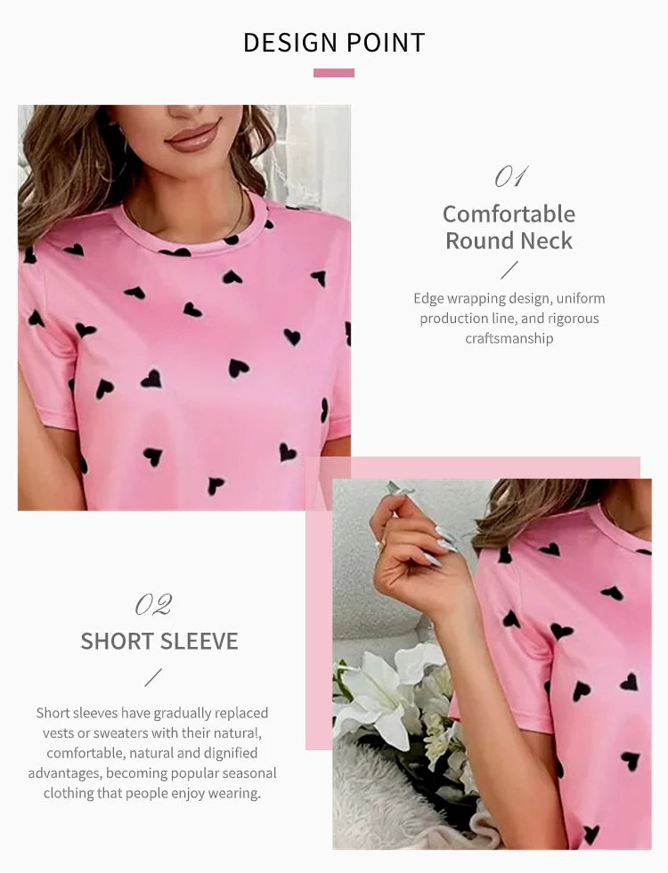 Women Summer Sleepwear Heart Print Pajama Set Short Sleeve Top and Elastic Waistband Pants for Comfortable Sleep and Lounging