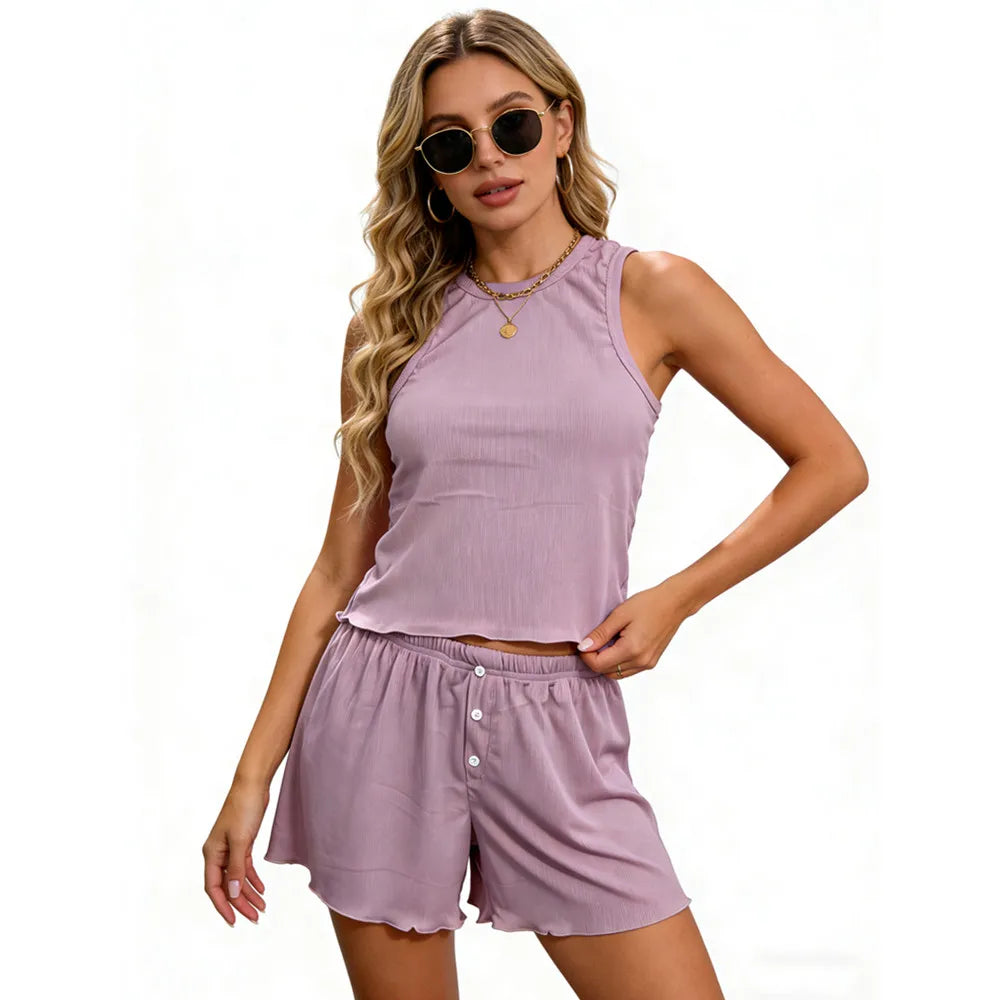 Women’s Two Piece Pajama Sets Summer Outfits Casual Sleeveless solid thin Tank Tops and Shorts Set Loungewear Female Nightgown