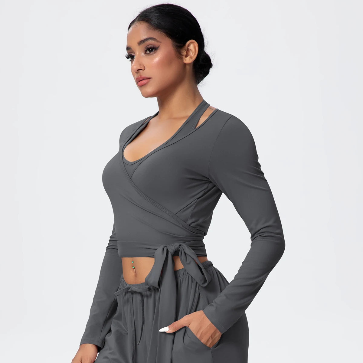 Women Slim Breathable Sports Top Women Active Wear Sports Yoga Long Sleeved Solid Color Running Shirts Straps Design Yoga Top