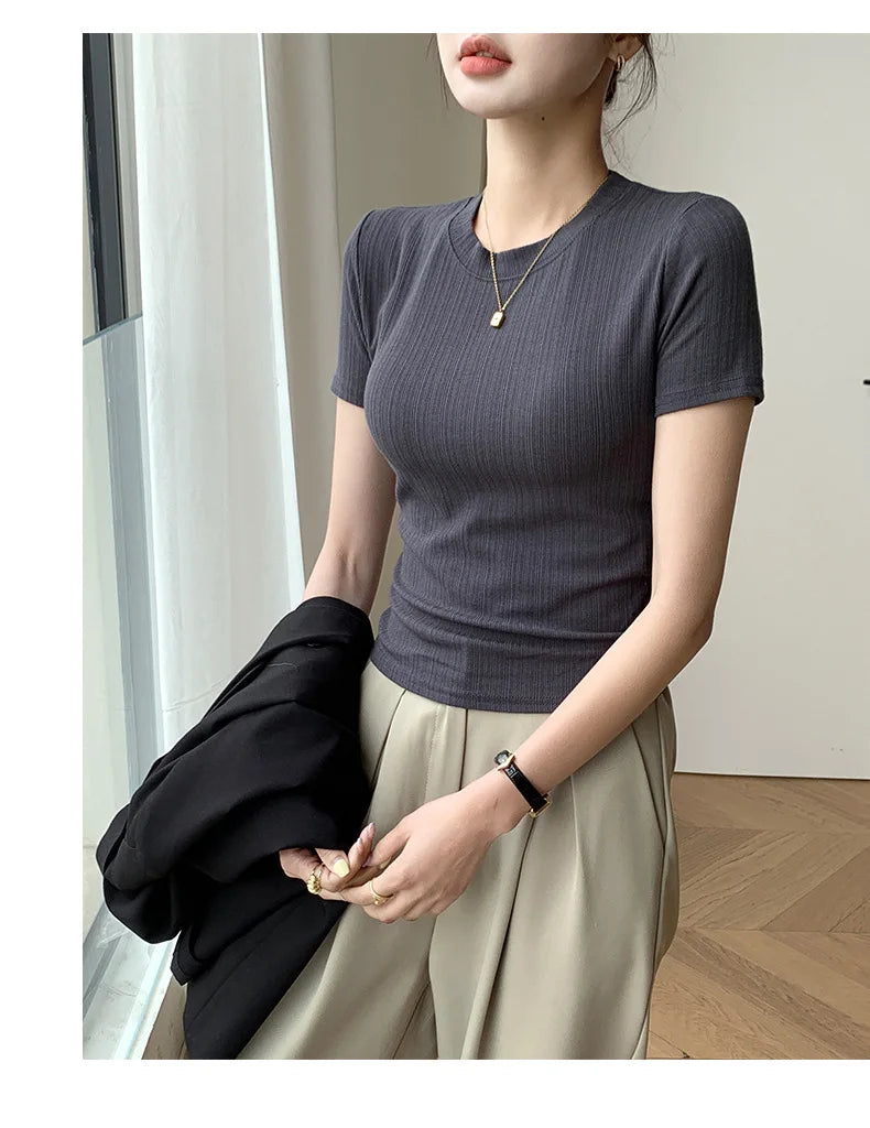 Summer New Women's Crewneck T-shirt Knitted Short-sleeved Top Casual All-match T-shirt Striped Base Shirt Slim-fit Breathable