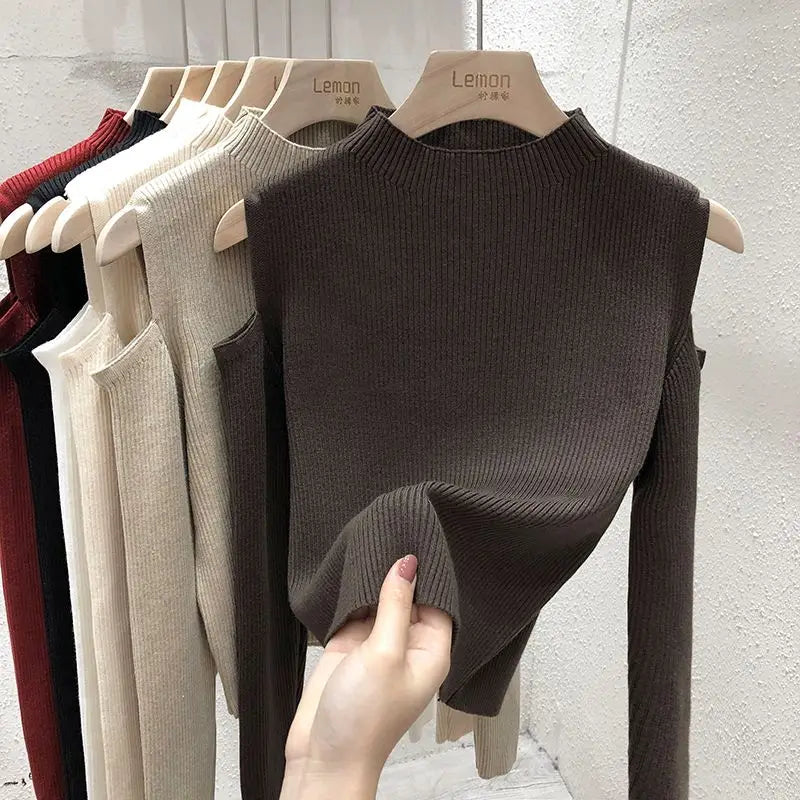 Knitted Sweater Women Pullovers New Long Sleeve Stand Collar Off-shoulder Knit Sweater Pullover Women Tops Sueters De Mujer Q781