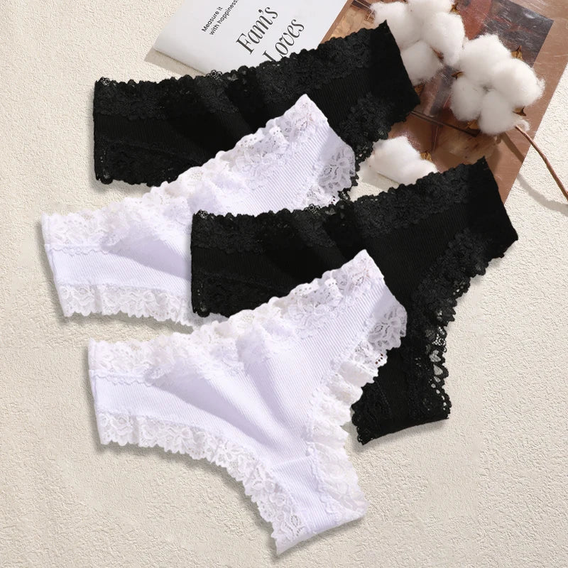 4PCS/Set Cotton Floral Lace Underpants for Women Sexy Striped Low-Waist Panties Girls Comfortable Briefs Trendy T-back Lingerie