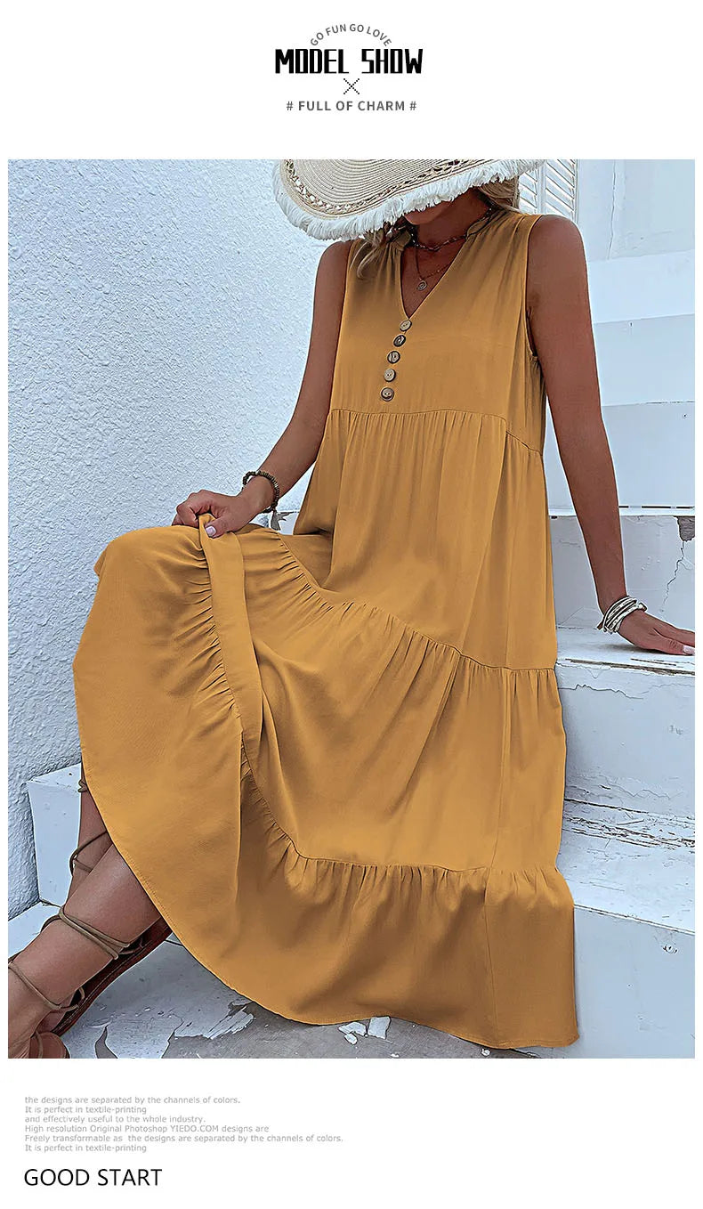 Casual Summer Midi Dress Women Sleeveless Tank V Neck Buttons Ruffle Loose Dresses Beach Soild Sundress Fashion
