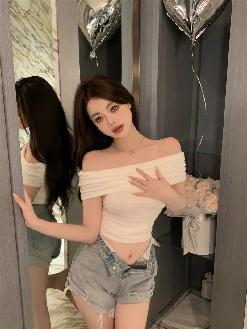 1pcs Girls Off-Shoulder T-shirt Women's Basic Fashion Tee Solid Ladys Short Sleeve Slim Tops Females Sexy Tshirts