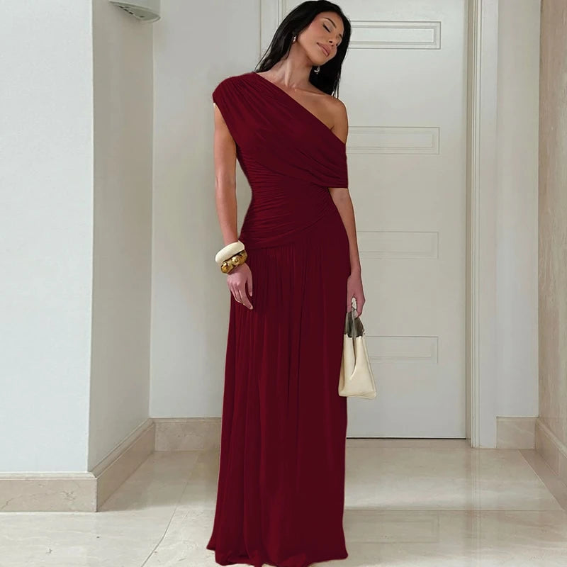 Hugcitar One Shoulder Ruched Sleeveless Solid Pleated Sexy Irregular Y2K Maxi Dress Summer Elegant Party Women Clothes Vacation