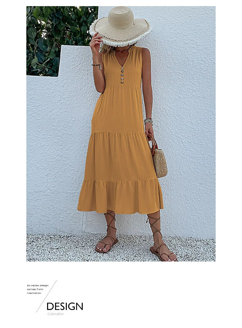 Casual Summer Midi Dress Women Sleeveless Tank V Neck Buttons Ruffle Loose Dresses Beach Soild Sundress Fashion