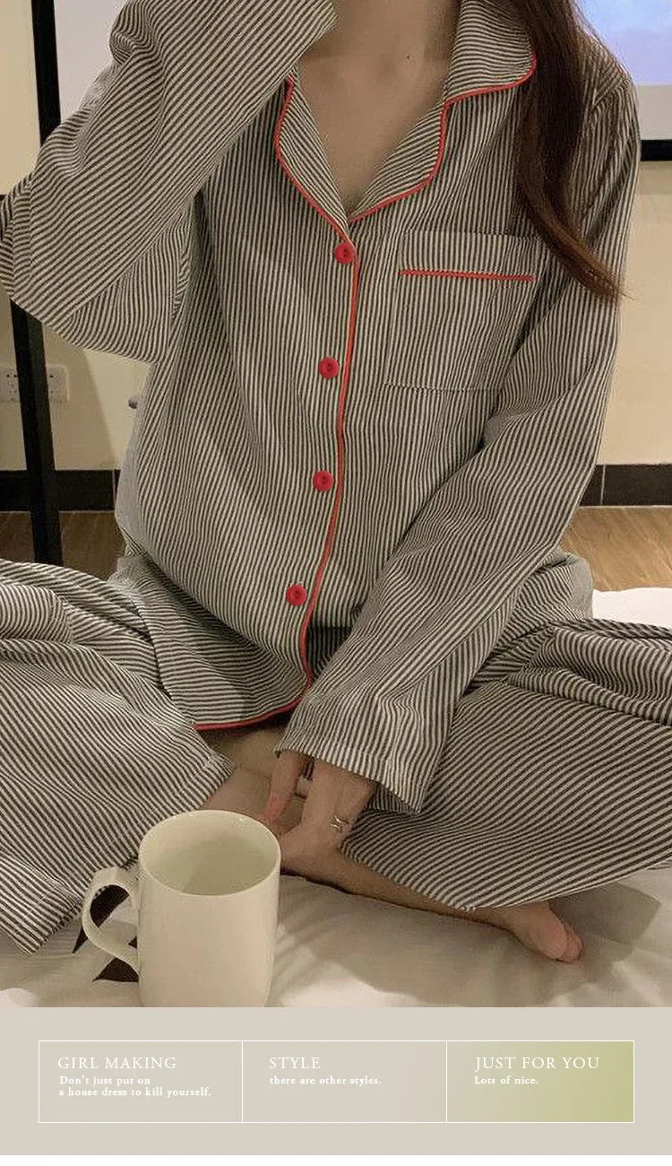 2PCS/Set Women's Long Sleeve Loose Breathable Student Sleepwear Loungewear Cardigan Gray Striped Girl Fashion Pajamas Homewear