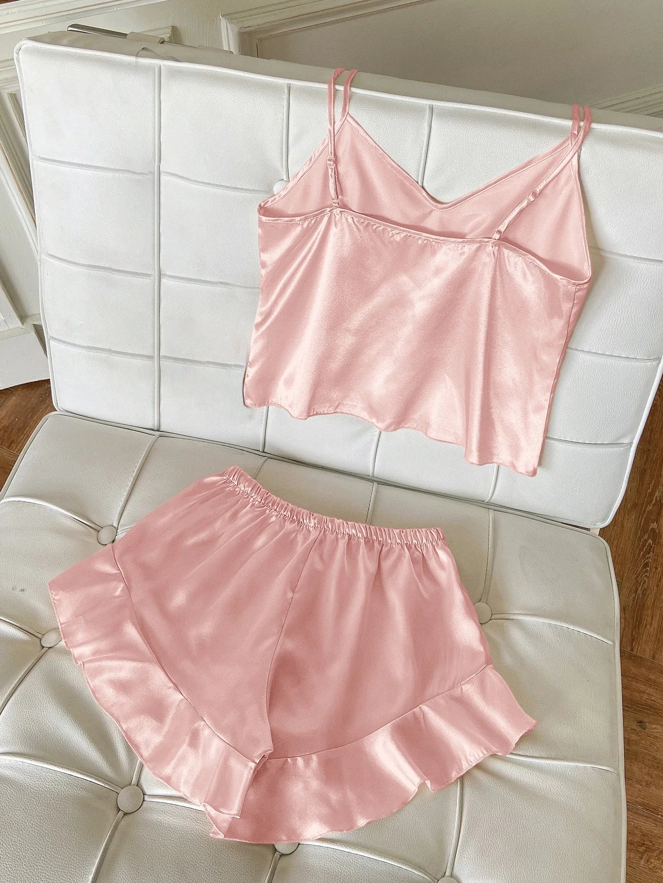 Solid Satin Pajama Set V Neck Cami Top Ruffle Shorts Women's Sleepwear Loungewear
