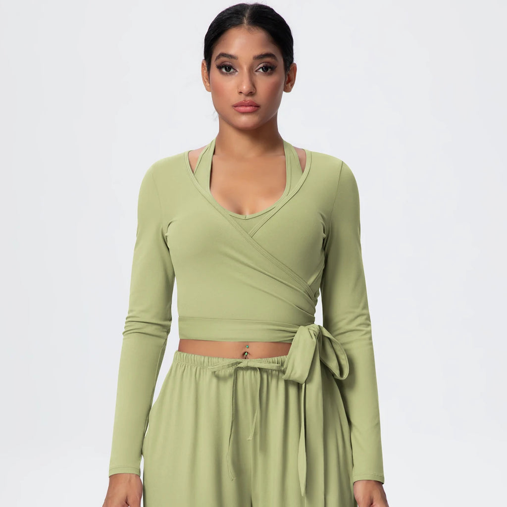 Women Slim Breathable Sports Top Women Active Wear Sports Yoga Long Sleeved Solid Color Running Shirts Straps Design Yoga Top