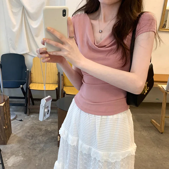 1pcs Girls Off-Shoulder T-shirt Women's Basic Fashion Tee Solid Ladys Short Sleeve Slim Tops Females Sexy Slanted Collar Tshirts